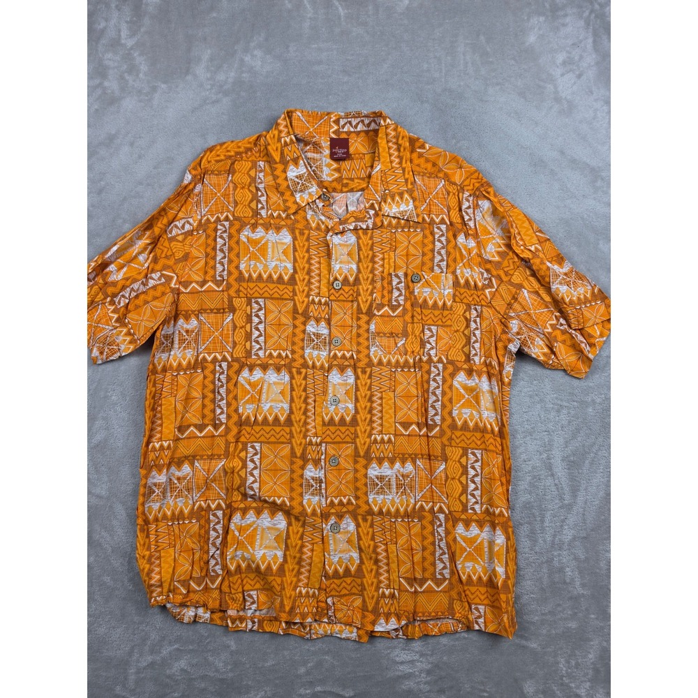 Junction West Button Up Shirt Mens XXL Fit XL Orange Tribal Rayon Short Sleeve